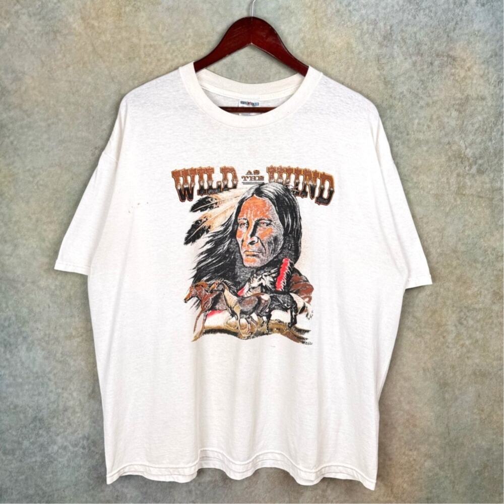 VTG Wild as the Wind Native T Shirt Sz XL White Western Horses Nature 90s Indian